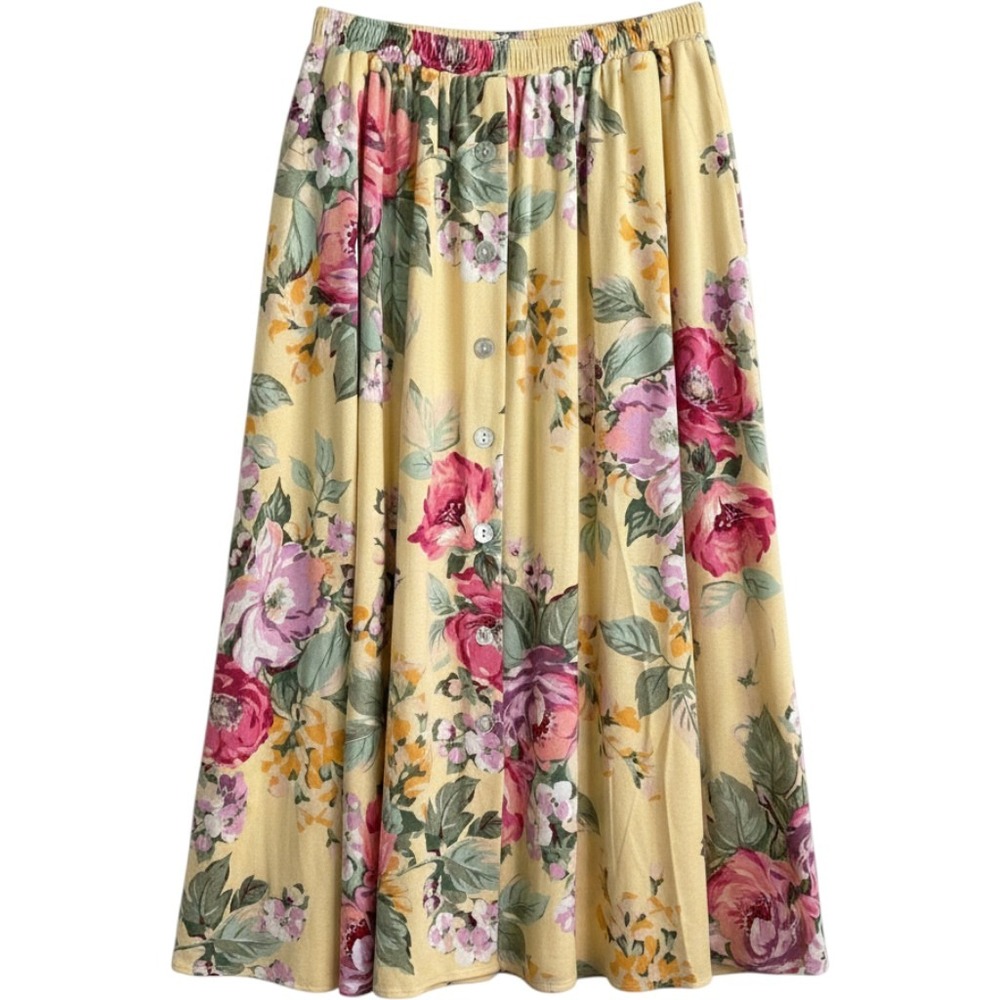 VTG‎ Carol Anderson Floral Maxi Skirt XL Yellow Button Front Cottagecore Boho